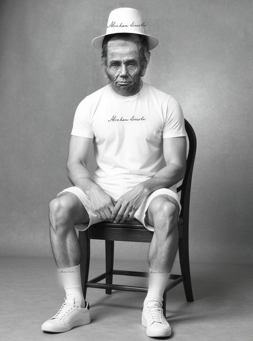 Abraham Lincoln seated in the full Signature Edit — bucket hat, tee and socks, each carrying his authentic 1862 autograph